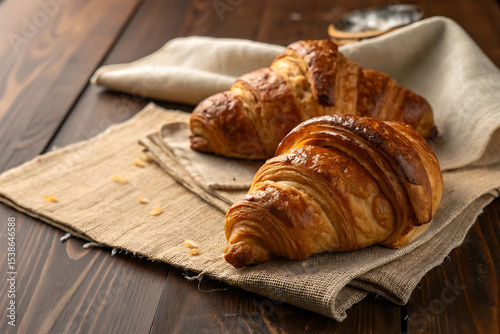 A delicious-looking croissant, freshly baked and glazed, is presented against a clean white background, showcasing its flaky layers and rich color.