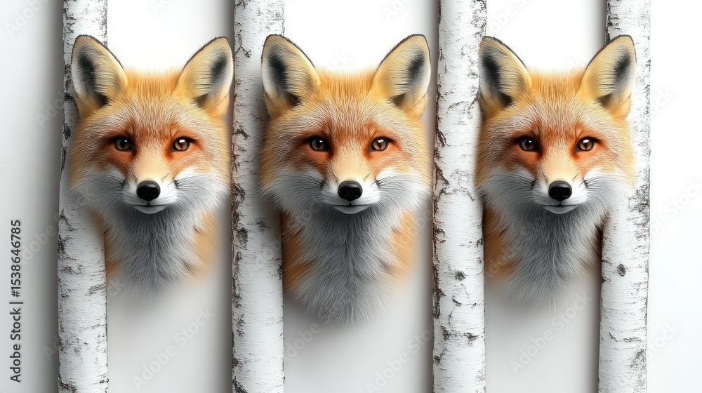 Obraz premium Triple Fox Portrait Behind Birch Trees