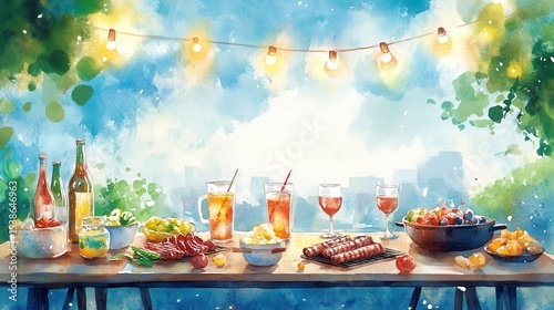 Watercolor painting of a summer party table with food and drinks