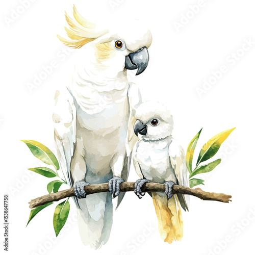 A Mother Cockatoo With Her Kid, watercolor vector, isolated on a white background.
