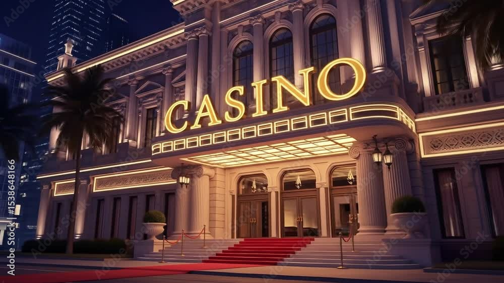 Casino exterior at night with illuminated sign and red carpet