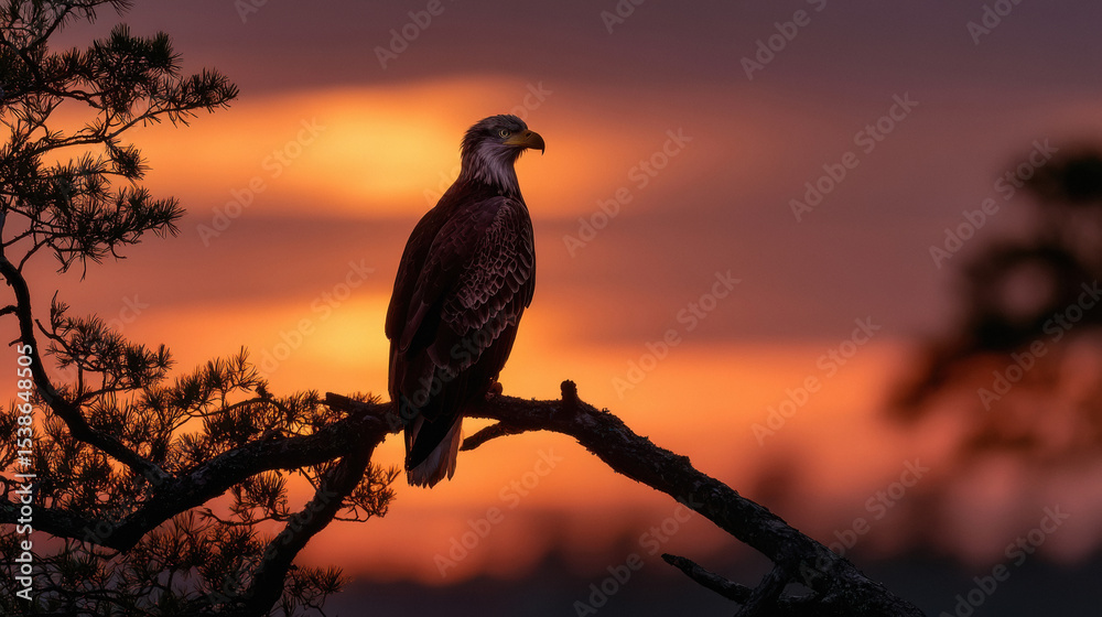 Fototapeta premium A bald eagle silhouetted against a vibrant sunset, soft evening light, warm and inviting twilight scene