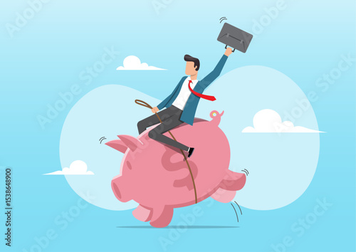 a businessman confidently riding a piggy bank