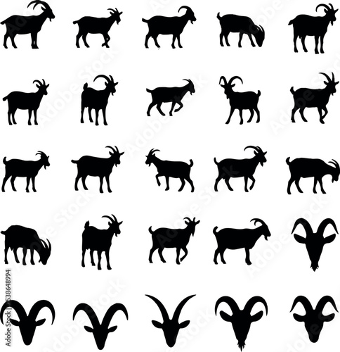 Goat And Ram Silhouette Vector Collection - Farm Animal Graphics, Icons And Logo Elements.