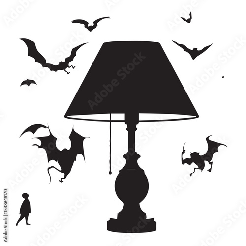 Spooky halloween table lamp silhouette with bats isolated on white background