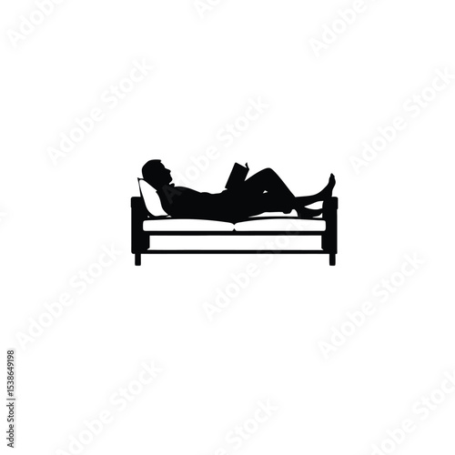 man sleeping on sofa with book silhouette on white background
