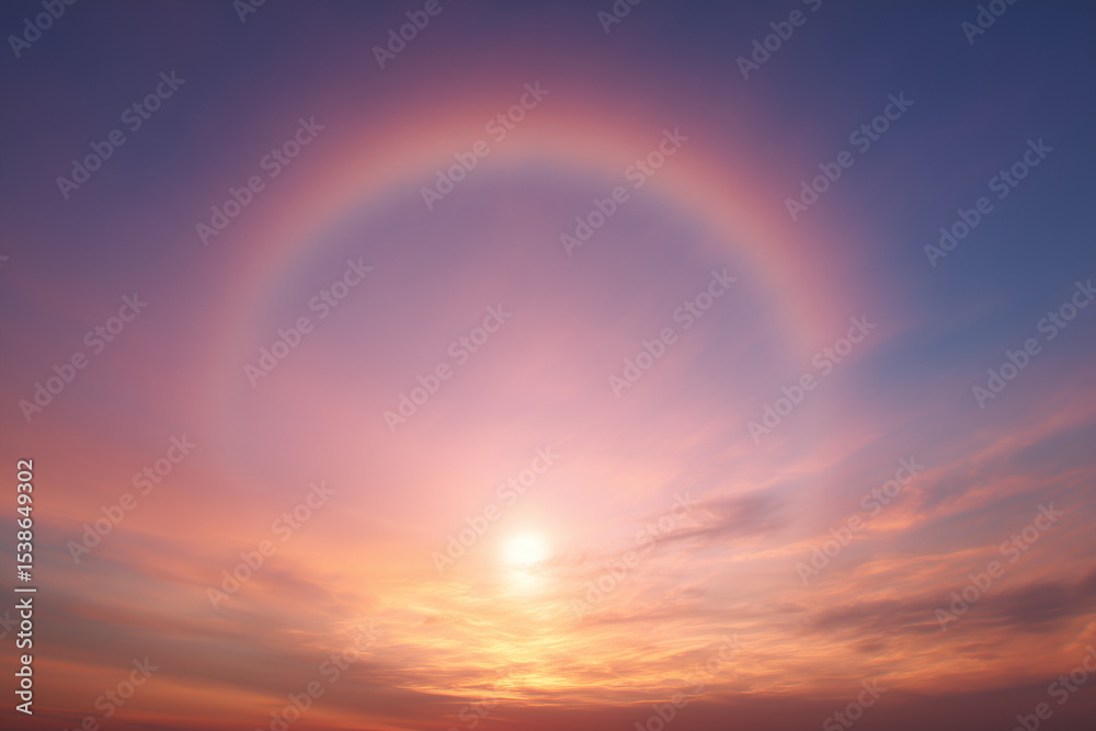 Obraz premium Sunset sky with a colorful sun halo and soft pink and purple clouds creating a serene and atmospheric natural phenomenon in the evening.