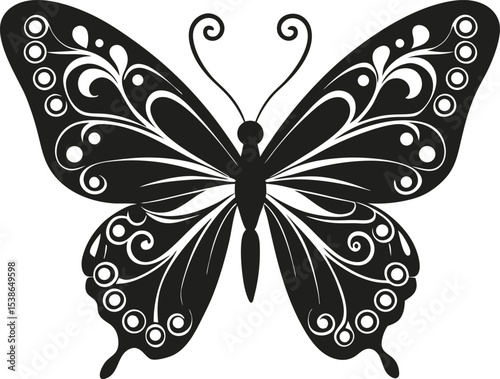 Elegant Black Butterfly Silhouette with Ornate Swirling Wing Patterns – Ideal for Decorative and Artistic Design Projects