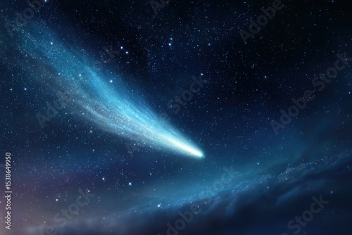 A glowing comet streaking across a starry celestial sky, trailing sparkling light particles and ethereal mist.