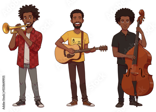 A vibrant cartoon illustration of three African American men playing musical instruments.