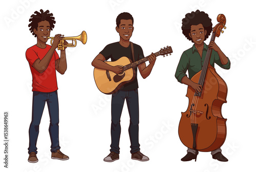 A vibrant cartoon illustration of three African American men playing musical instruments.