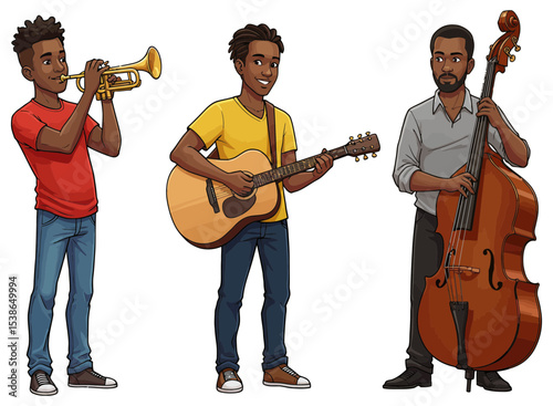 A vibrant cartoon illustration of three African American men playing musical instruments.