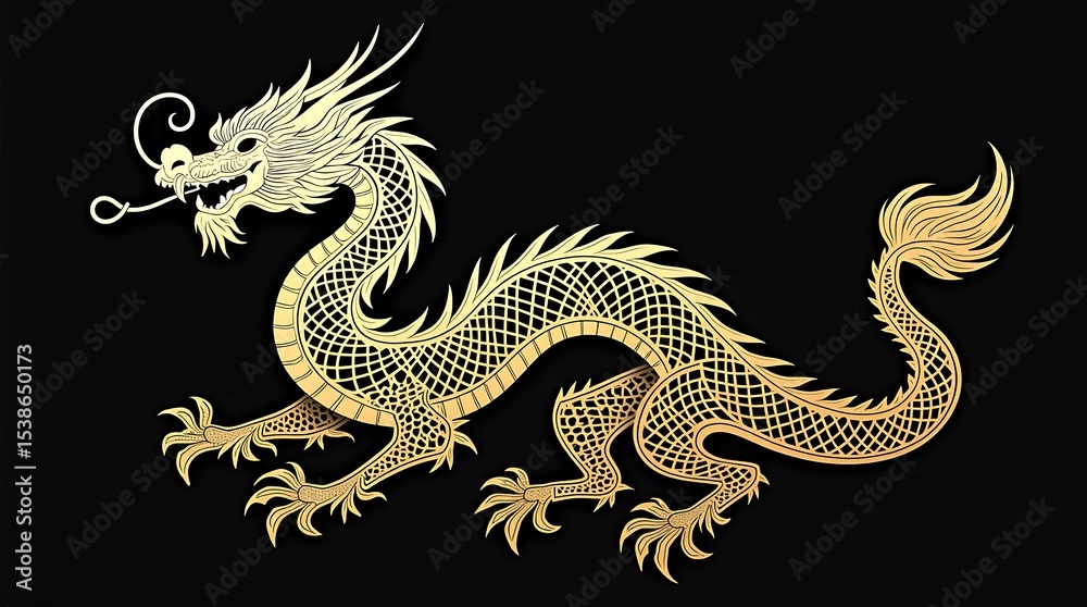 Fototapeta premium Delicate gold filigree dragon: Elegant vector with subtle gradients, creating an ornate and sophisticated Chinese design.