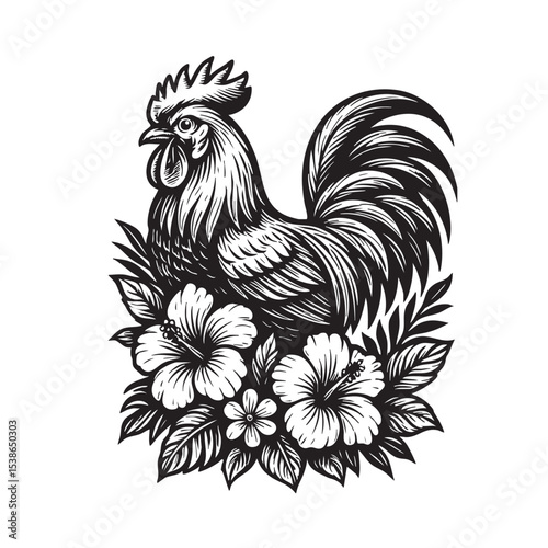 Elegant rooster perched among hibiscus flowers in detailed black and white floral illustration. Farm animals.