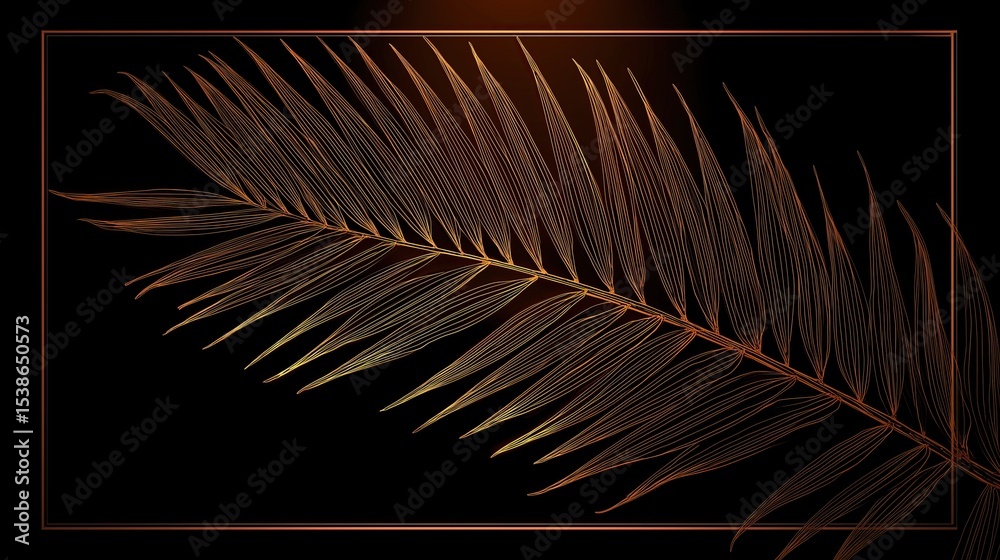 Obraz premium Golden Leaf Line Art: Elegant botanical illustration against dark background