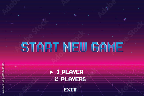 START NEW GAME play .Synthwave wireframe net illustration. pixel art .8 bit game. retro game. for game assets .Retro Futurism Sci-Fi Background. glowing neon grid. and stars.