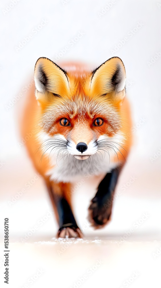 Obraz premium Red fox running, snowy background, wildlife portrait, nature