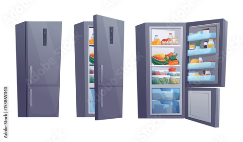 Set of three vector isolated cartoon refrigerators, closed, slightly open, and fully open with food inside. Perfect for kitchen visuals, meal planning, grocery delivery, healthy lifestyle projects.
