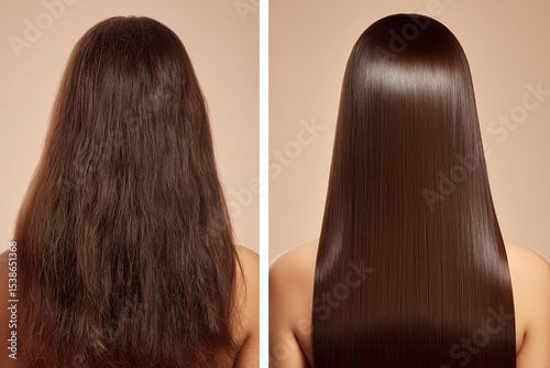 Before and after hair treatment showing smooth and frizzy dark long hair, shiny texture, natural brown color, healthy hair care concept, beauty transformation.