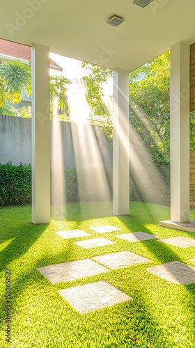 Sunbeams illuminate a covered patio with square stone paving  set in a vibrant green lawn