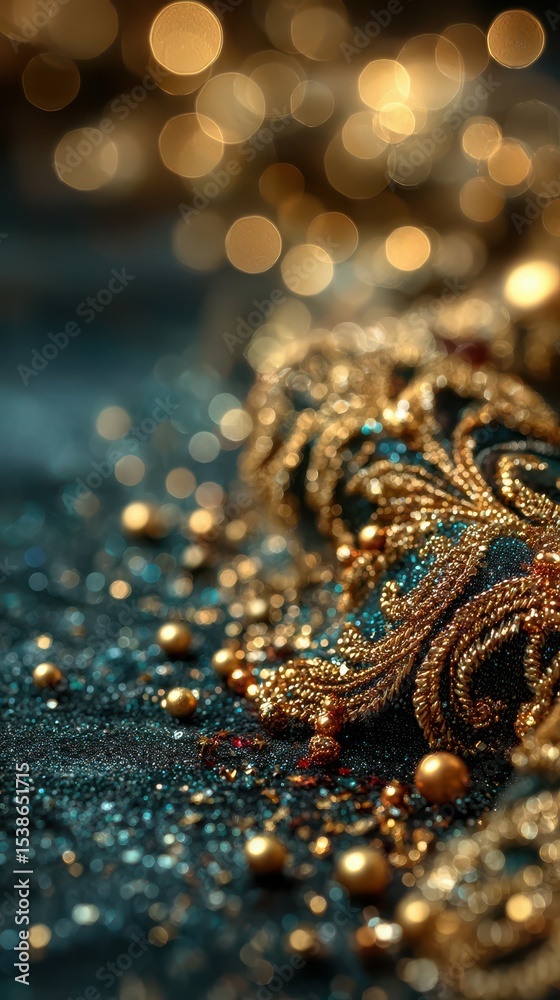 Intricate golden embroidery on blue fabric sparkles under soft light during an evening event Intricate golden embroidery on blue fabric sparkles under soft light during an evening event