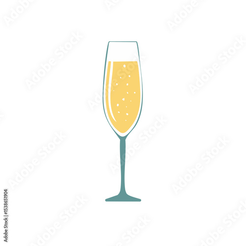 A delicate glass filled with sparkling champagne, bubbles rising gently, illustration style