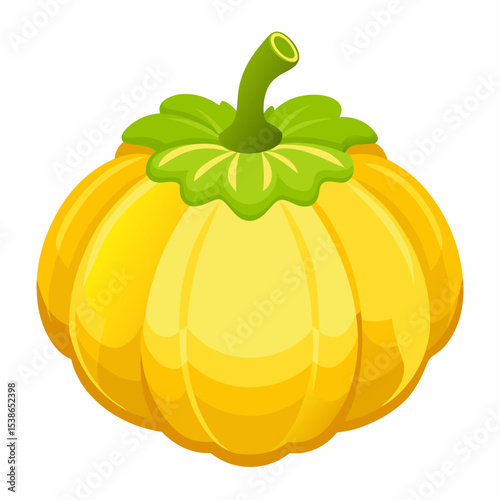 Cartoon illustration of a yellow pattypan squash with a green stem and leaves isolated on a white background for use in designs and illustrations