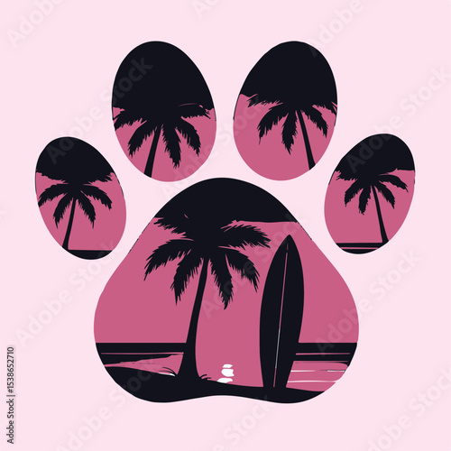 Tropical Sunset Dog Paw Print Illustration.eps
