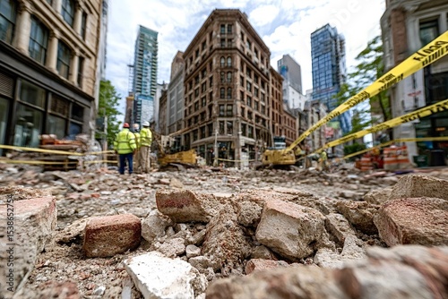 Construction workers supervising road demolition in city center