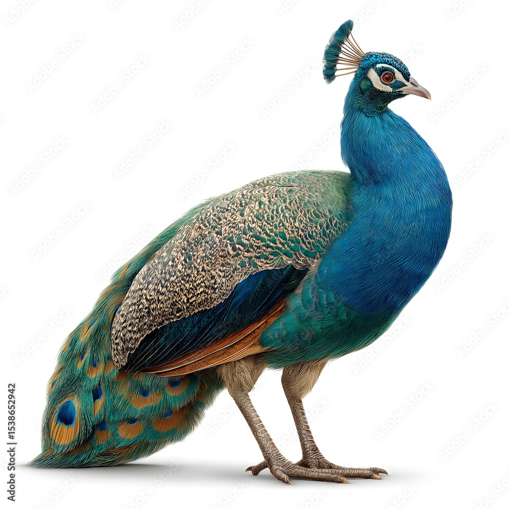 Obraz premium Colorful peacock displaying feathers, vibrant iridescent hues, symbol of beauty, elegance, ideal for nature themes.