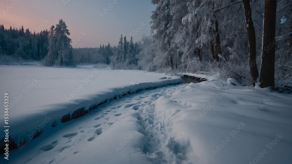Obraz premium Snowy Footprints Leading Through a Winter Landscape with Trees and Stream