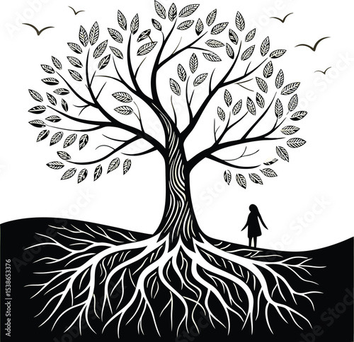 Whimsical Tree Scene – Black and White Digital Art with Intricate Roots, Lone Walker, and Flying Birds