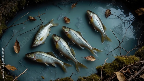 Dead fish in polluted pond, ecological disaster, highlighting environmental degradation and the impact of pollution on aquatic life.