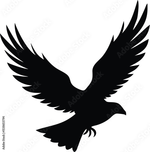 A powerful, black silhouette of a bird in mid-flight against a pure white background.
