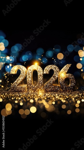 Sparkling numbers 2026 made of golden glitter stands on shimmering surface with defocused blue and gold bokeh lights against dark background. Perfect for New Year celebrations or designs