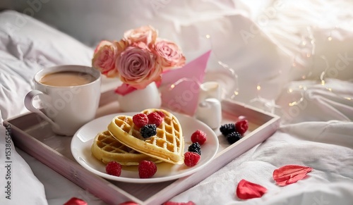 Romantic Breakfast in Bed Heart-Shaped Waffles, Coffee, and Roses