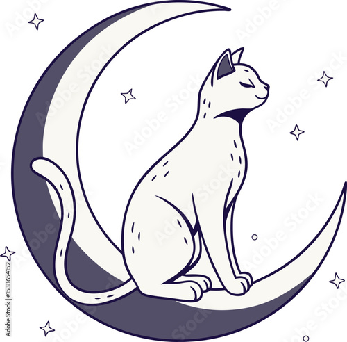 Serene white cat gracefully perched on a crescent moon under a starry night sky design perfect for logos branding and mystical themes