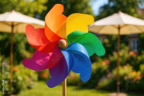 Detailed view of a lively, rainbow-colored pinwheel twirling outdoors amidst sunny weather, with garden and patio umbrella scenery in the backdrop