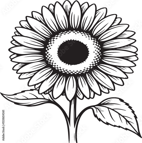 Sunflower in Monochrome: A meticulously detailed monochrome illustration showcases the beauty of a sunflower, with its intricate petals, textured center, and graceful leaves.