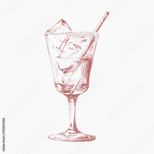 Handcrafted Italian style festive cocktail and aperitivo beverage with vintage ink sketch. Noisy gritty dot halftone effect, retro pop art red stipple illustration.