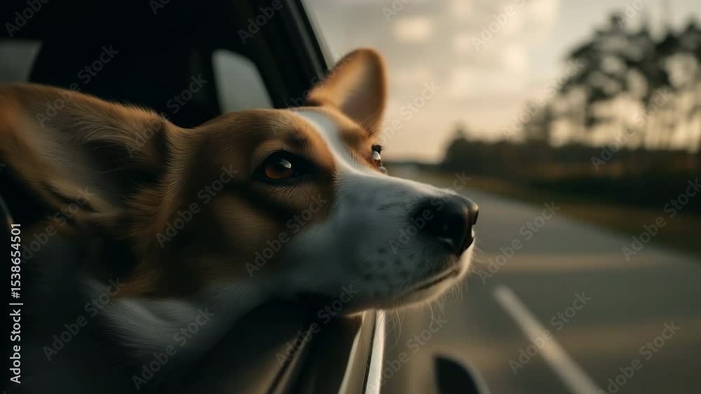 cute dog looks out the window while driving in a car, happy