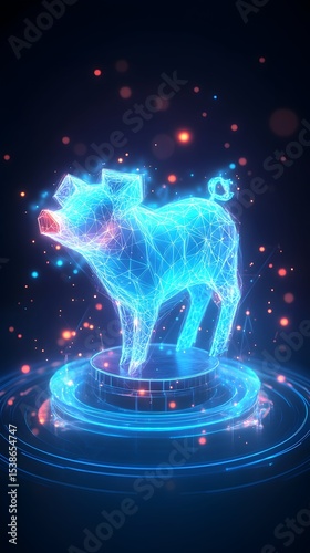 Glowing polygonal pig on platform, dark space, digital art, game asset