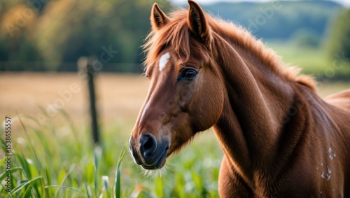 Detailed shot of a chestnut pony on a rural farm