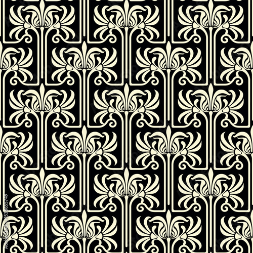Vintage Art Deco Seamless Pattern. Geometric decorative with leaf texture. Retro background. Black and beige background. Beige leaf. Wallpaper