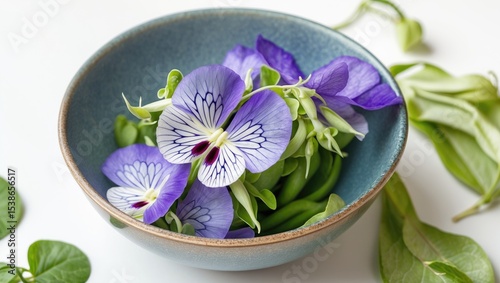 Detailed view of a vibrant Butterfly Pea flower in a bowl against a plain white backdrop