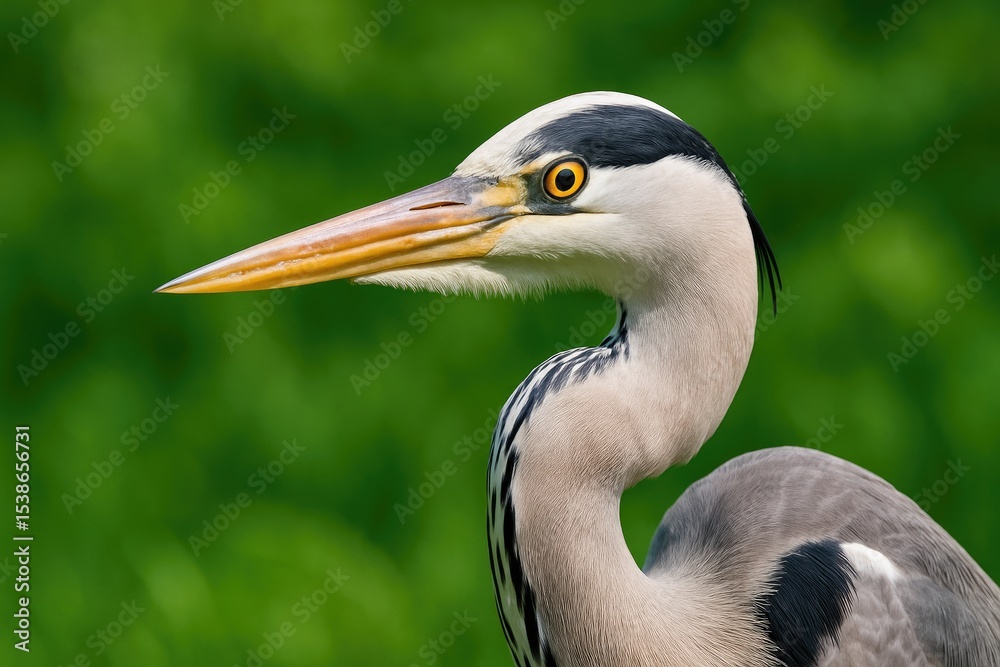 Obraz premium Detailed close-up of a heron against a vibrant green backdrop