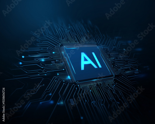 Abstract futuristic chip with glowing text AI on a dark blue background