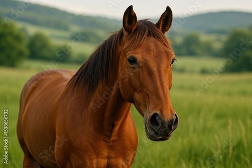 Detailed shot of a horse grazing in a field