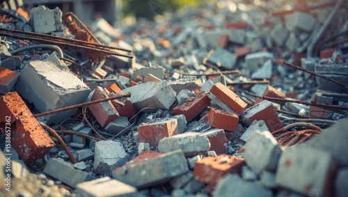 Destroyed and crushed concrete. Debris and fragments from an old building.
