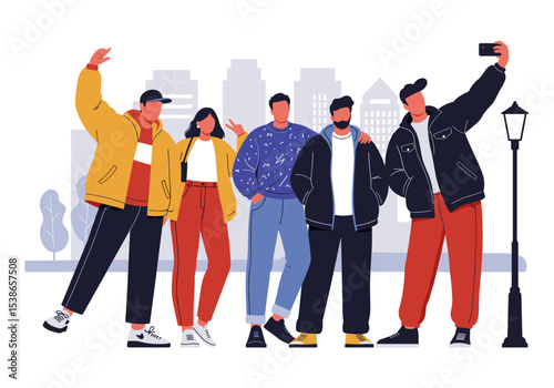 Flat vector friends taking selfies in urban setting